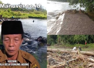 Hujan Deras, Banjir Bandang Hanyutkan Irigasi Dan Pondok Persawahan Di Desa Gunung Agung